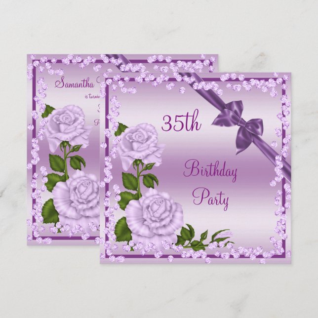 Lilac Blossom, Bows & Diamonds 35th Birthday Invitation (Front/Back)