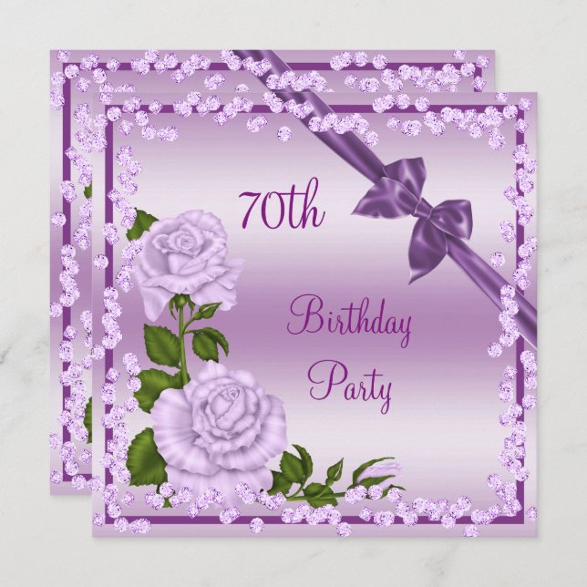 Lilac Blossom, Bows & Diamonds 70th Birthday Invitation (Front/Back)