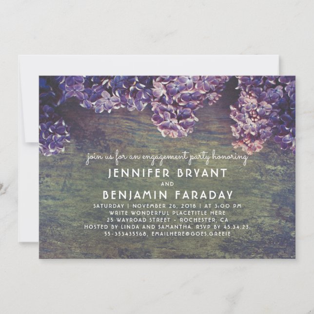 Lilac Blossoms Rustic Wood Engagement Party Invitation (Front)