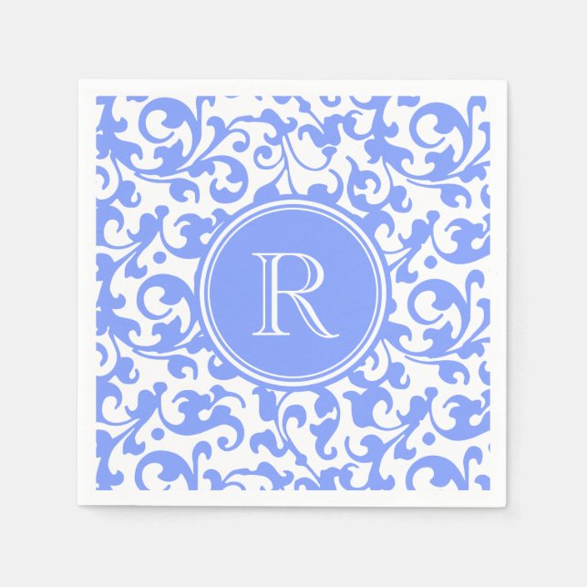 Lilac Blue Elegant Damask Swirls Monogrammed Napkin (Front)