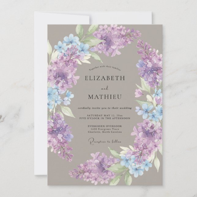Lilac Blue Floral Laurel Wedding Invitation (Front)