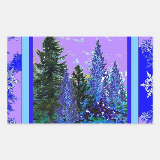 LILAC-BLUE FOREST LANDSCAPE & SNOWFLAKES ART RECTANGULAR STICKER (Front)