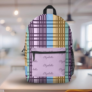 Lilac Blue Gold Green Plaid Pattern Custom Name Printed Backpack