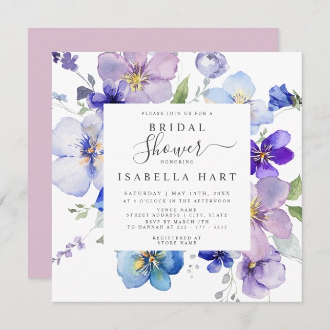 Lilac Blush Mauve Pansy Viola Floral Bridal Shower Invitation (Front/Back)