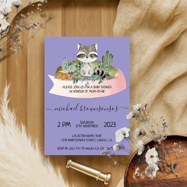 Lilac Boho Animal Racoon Tropical Baby Shower Invitation (Creator Uploaded)
