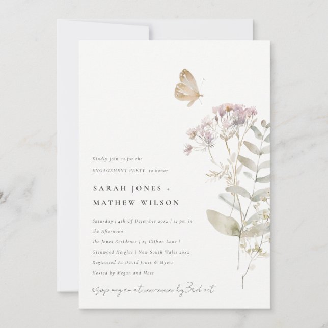 Lilac Boho Wildflower Fern Botanical Engagement Invitation (Front)