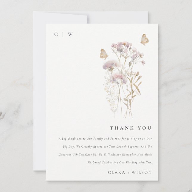 Lilac Boho Wildflower Fern Botanical Wedding Thank You Card (Front)