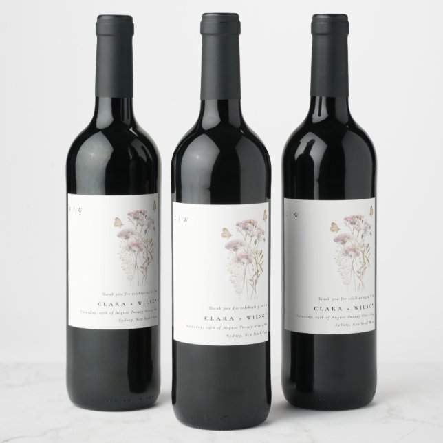 Lilac Boho Wildflower Fern Botanical Wedding Wine Label (Bottles)