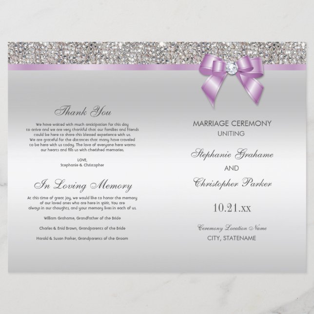 Lilac Bow Silver Sequins Wedding Ceremony Program (Front)