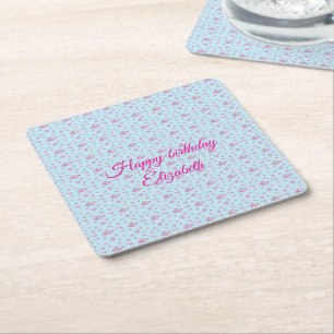 lilac buds and flower pattern Happy birthday  Square Paper Coaster