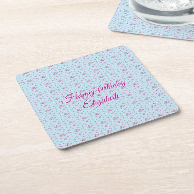 lilac buds and flower pattern Happy birthday  Square Paper Coaster (Angled)