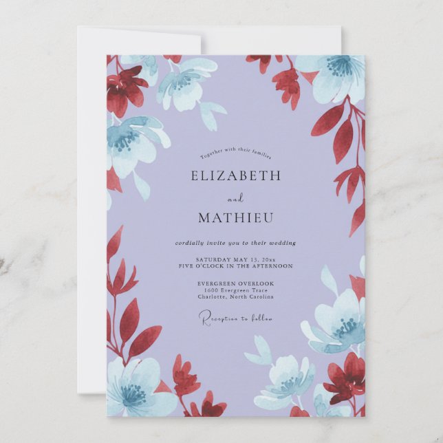 Lilac Burgundy Leafy Wedding Invitation (Front)