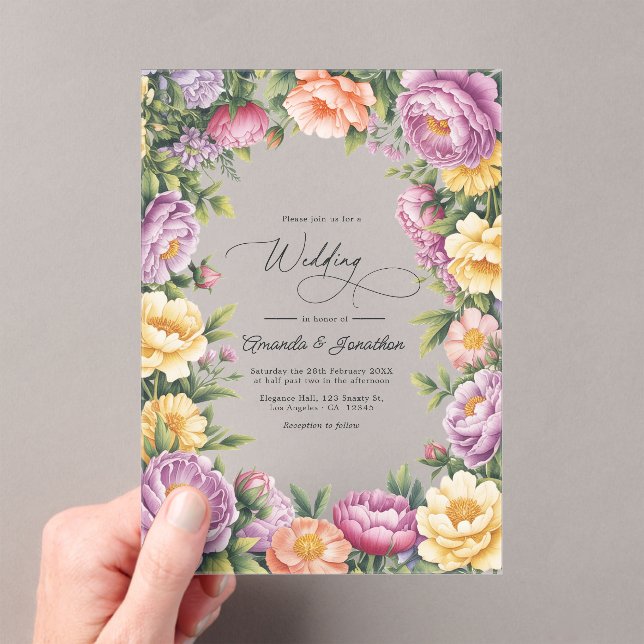Lilac, Butter Yellow and Pale Coral Floral Wedding Acrylic Invitations (Insitu (Handheld))