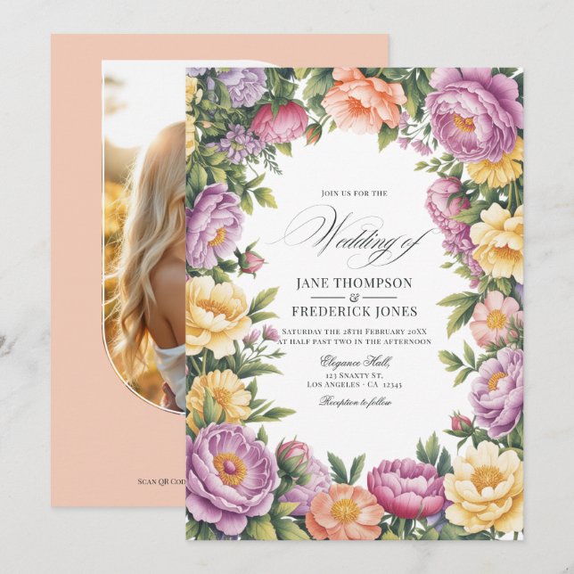 Lilac, Butter Yellow and Pale Coral Floral Wedding Invitation (Front/Back)