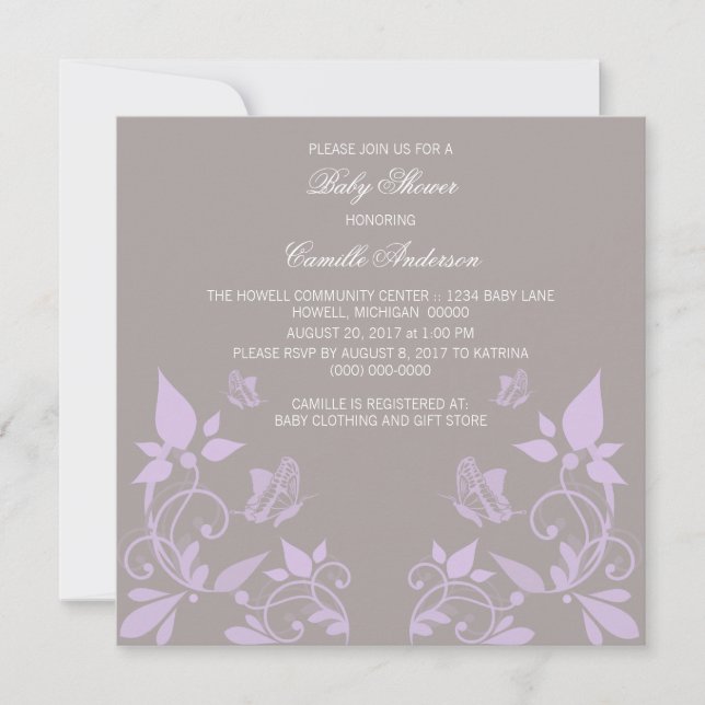 Lilac Butterfly Floral Baby Shower Invite (Front)
