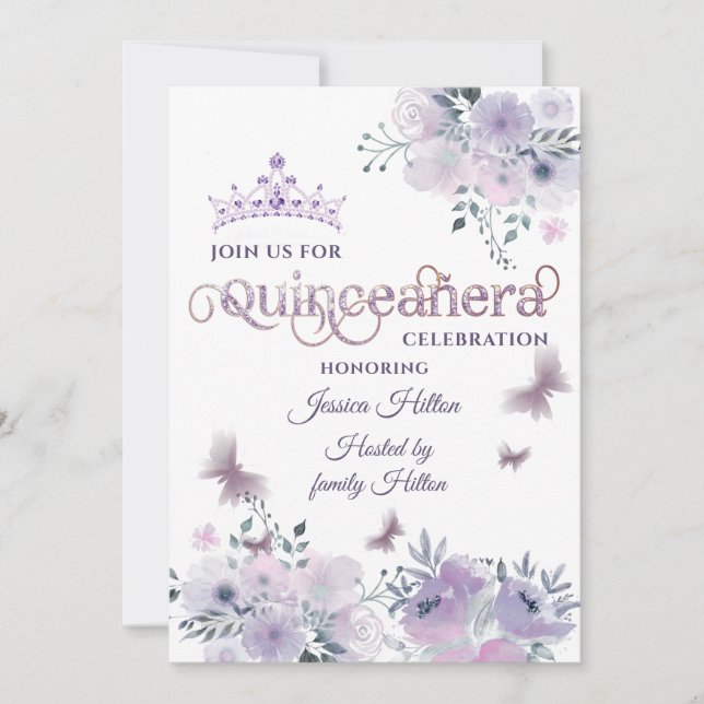 Lilac Butterfly floral garden tiara Quinceañera Invitation (Front)