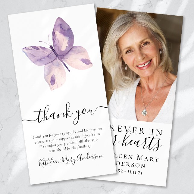 Lilac Butterfly Photo Funeral Thank You Card (Creator Uploaded)