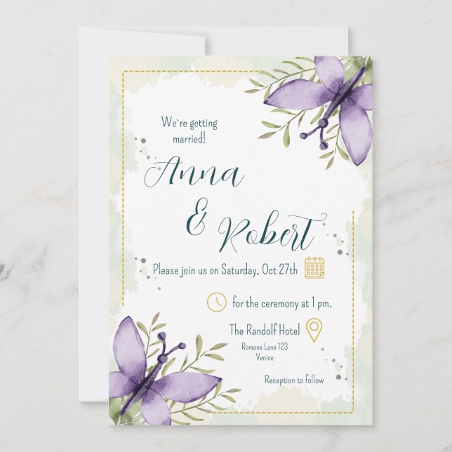 Lilac Butterfly Watercolour Wedding Invitation (Front)