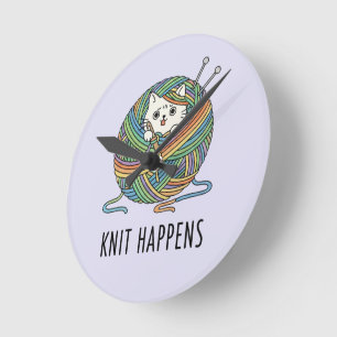 Lilac Cat Yarn Ball Graphic Art Wall Hours Decor Round Clock