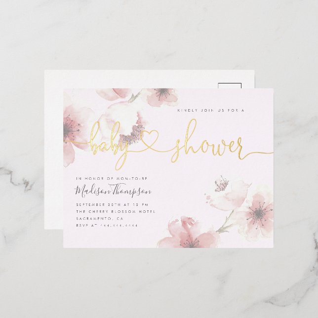 Lilac | Cherry Blossom Gold Floral Baby Shower Foil Invitation Postcard (Front/Back)