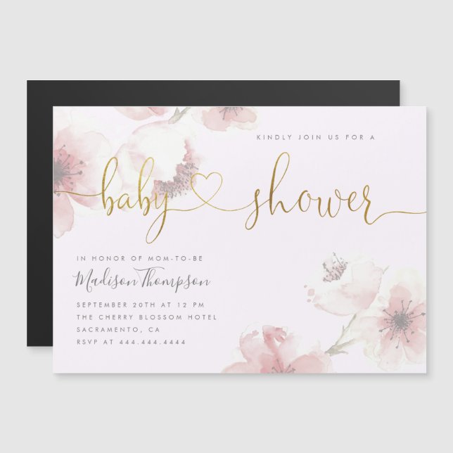 Lilac | Cherry Blossom Gold Floral Baby Shower Magnetic Invitation (Front/Back)