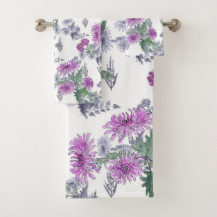 Lilac chrysanthemums , watercolor bath towel set