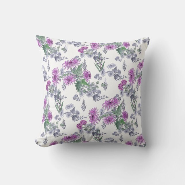 Lilac chrysanthemums , watercolor throw pillow (Front)