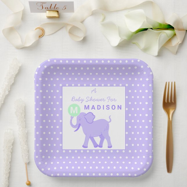 Lilac Circus Cute Elephant Fun Baby Shower Square Paper Plate (Wedding)