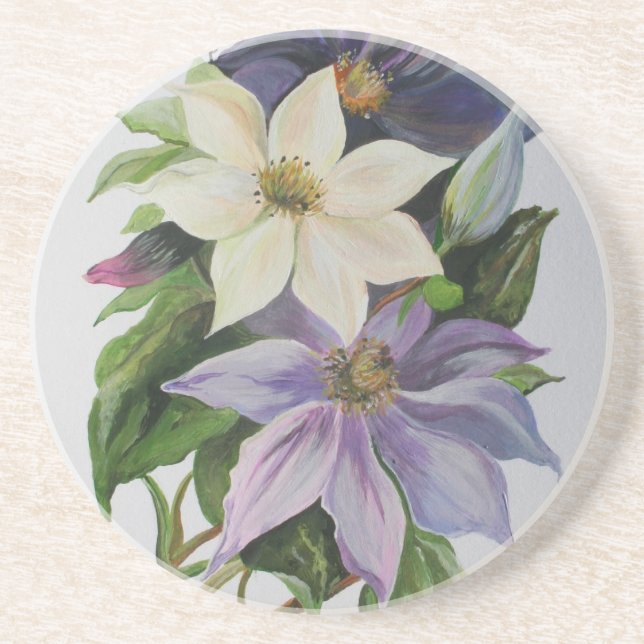 Lilac Clematis Vine Acrylic Painting Coaster (Front)