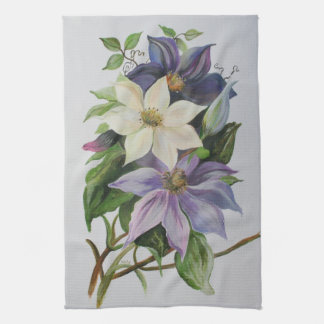 Lilac Clematis Vine Acrylic Painting Tea Towel