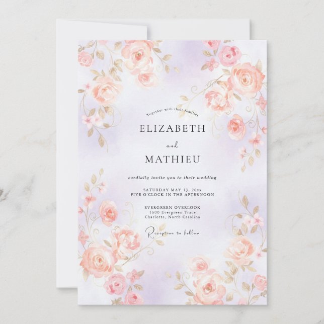 Lilac Coral Rose Wedding Invitation (Front)