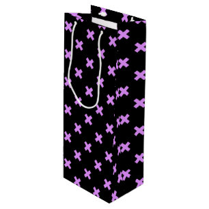 Lilac cross stitches on black wine gift bag
