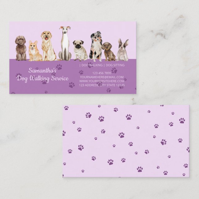 Lilac Cute Paws Watercolor Dogs Business Card (Front/Back)
