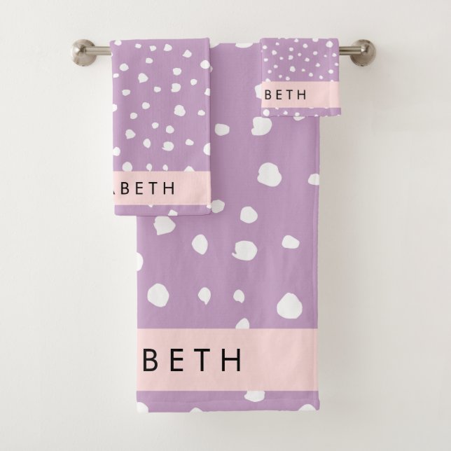 Lilac Dalmatian Spots, Dalmatian Dots, Your Name Bath Towel Set (Insitu)