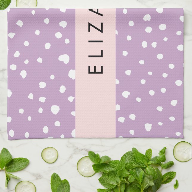 Lilac Dalmatian Spots, Dalmatian Dots, Your Name Tea Towel (Folded)