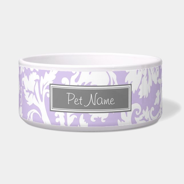 Lilac Damask Custom Name Dog Bowl (Front)