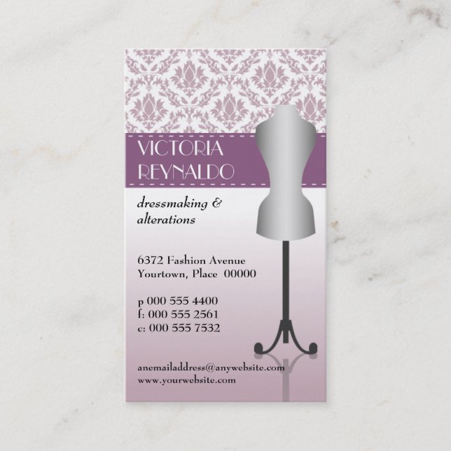 Lilac Damask Fashion Dress Form Business Card (Front)