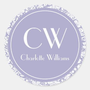 Lilac Damask Monogram Classic Round Sticker
