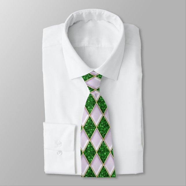 Lilac Diamonds Green Sequin Pattern Mardi Gras Tie (Tied)