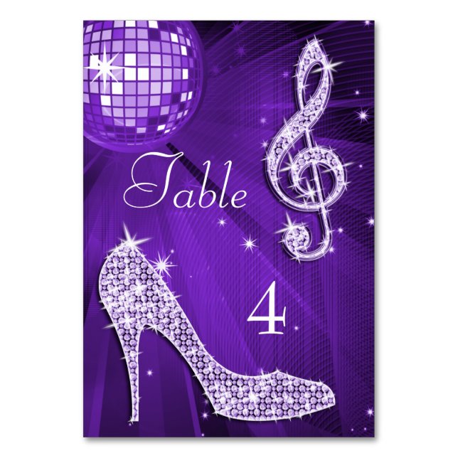 Lilac Disco Ball and Stiletto Shoe Double Sided Table Number (Front)