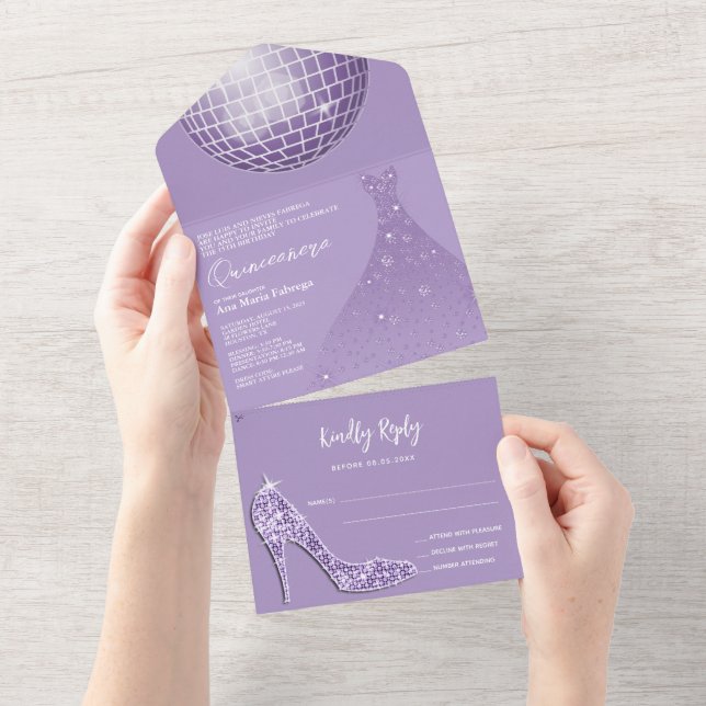 Lilac Disco Ball, Stiletto & Ball Gown Quinceañera All In One Invitation (Tearaway)