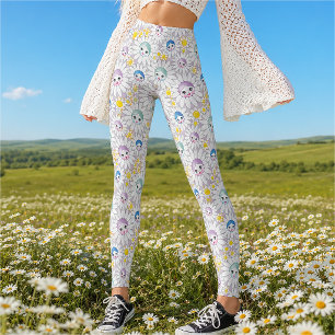 Lilac doll faces pattern set in daisies leggings