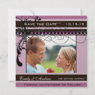 Lilac Dots and Swirls Wedding Photo Save the Date