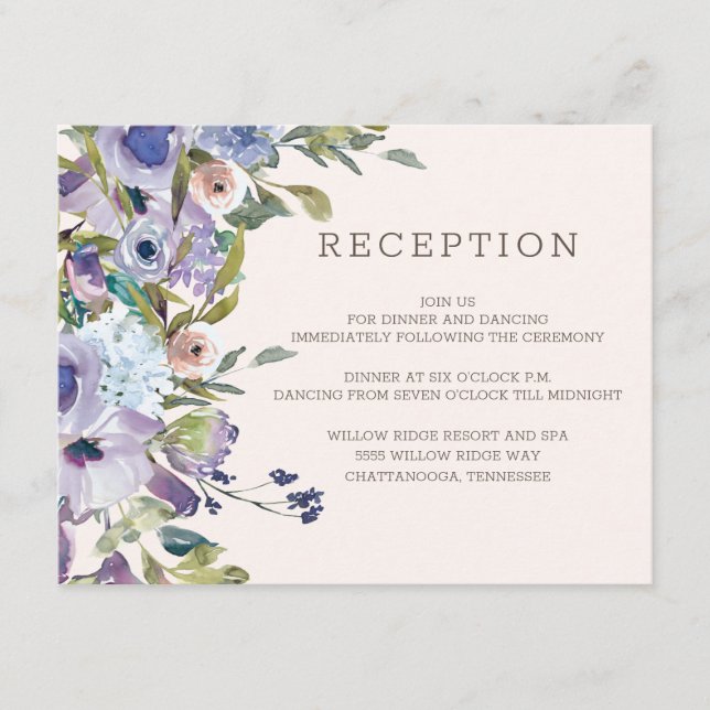 Lilac Dusty Blue Boho Floral Wedding Reception Enclosure Card (Front)
