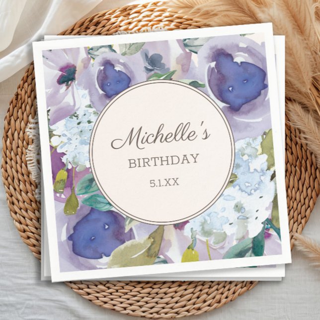Lilac Dusty Blue Watercolor Floral Birthday Napkin (Purple watercolor floral women's birthday party paper napkins)