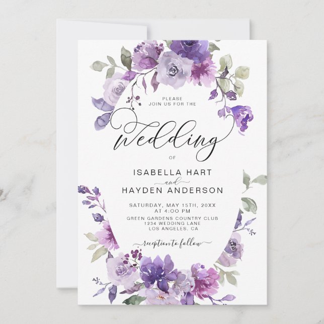 Lilac Dusty Purple Mauve Floral Elegant Wedding Invitation (Front)