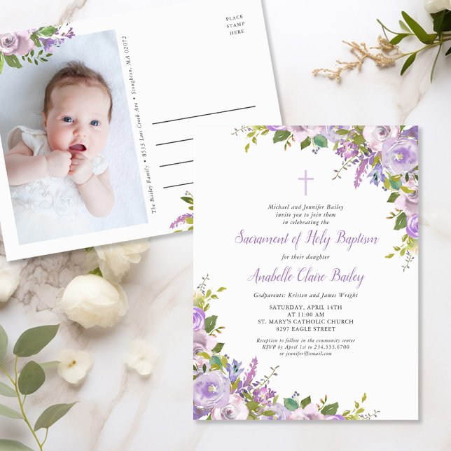 Lilac Floral Baby Girl Baptism Invitation Postcard (Creator Uploaded)