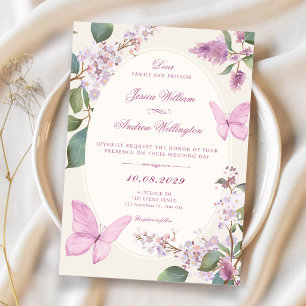 Lilac floral butterfly wedding invitation