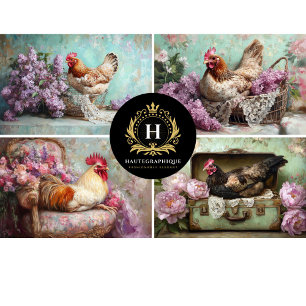 Lilac Floral Chicken Collage Decoupage Tissue Paper