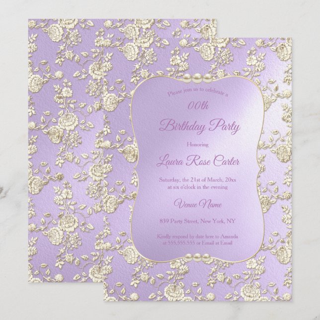 Lilac Floral Damask Rose Sepia Gold Birthday Party Invitation (Front/Back)